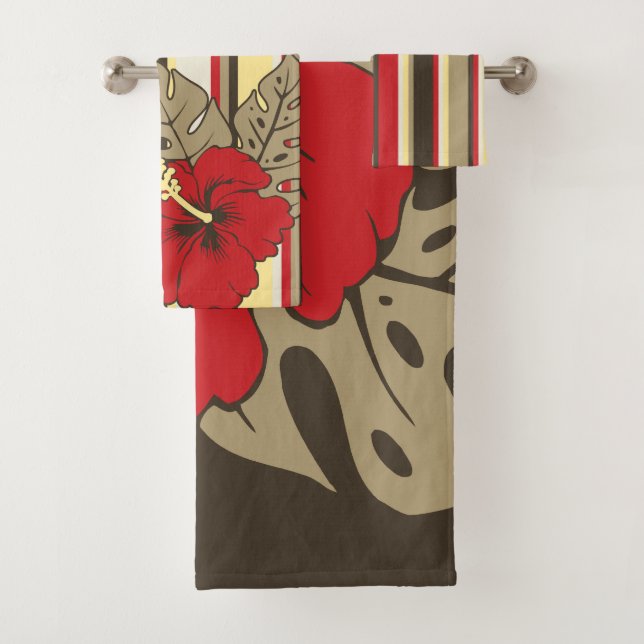 Banzai Beach Hawaiian Hibiscus Floral and Stripe Bath Towel Set (Insitu)