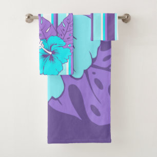 Banzai Beach Hawaiian Hibiscus Floral and Stripe Bath Towel Set
