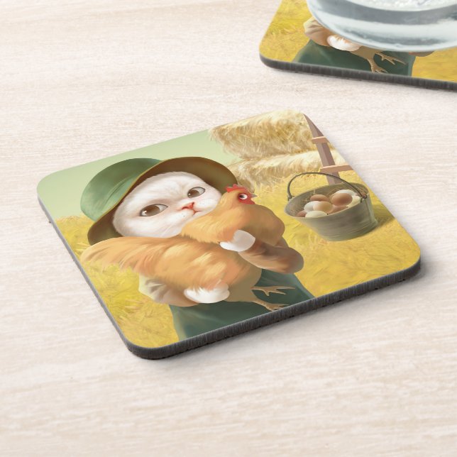 Bao Bao: Cute Farmer Cat & Hen Harvest Coaster (Left Side)