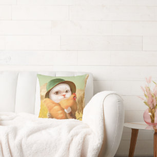 Bao Bao: Cute Farmer Cat & Hen Harvest Throw Pillow