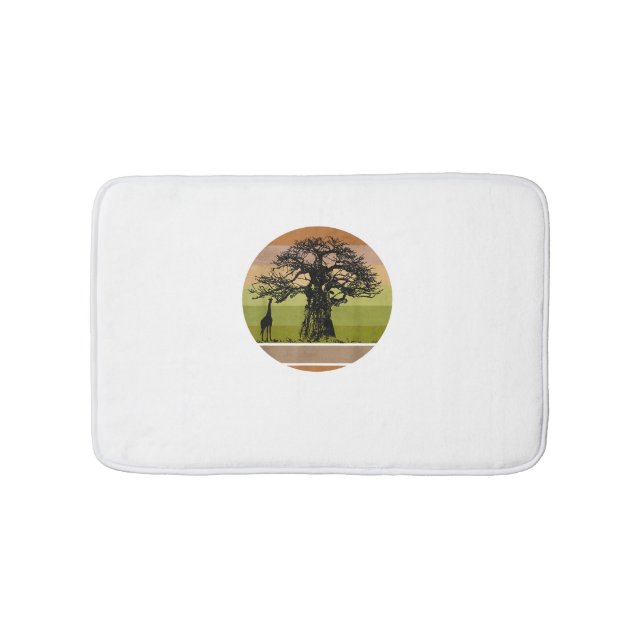 Baobab Tree and Giraffe Retro African Sunset  Bath Mat (Front)