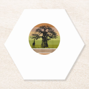 Baobab Tree and Giraffe Retro African Sunset Paper Coaster