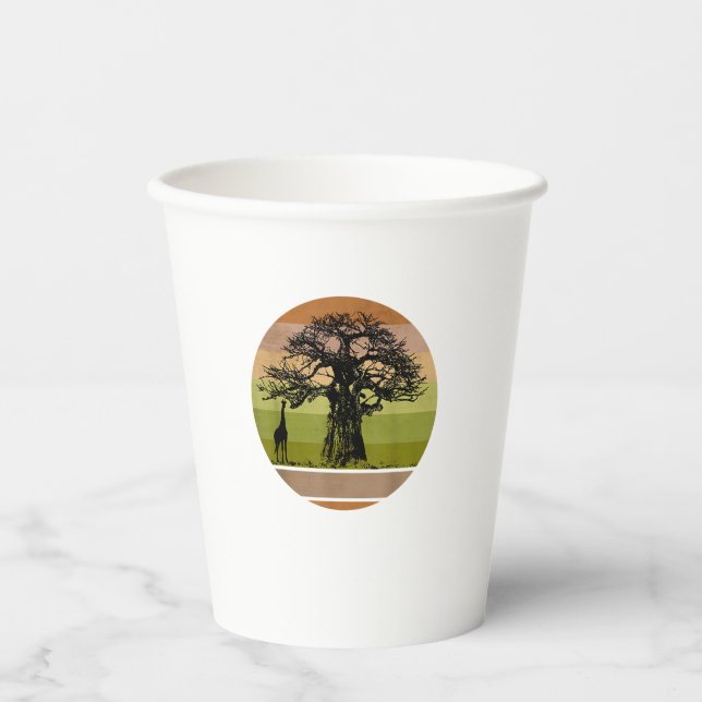 Baobab Tree and Giraffe Retro African Sunset  Paper Cups (Front)