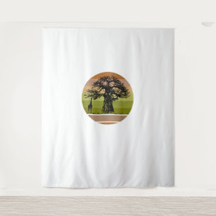 Baobab Tree and Giraffe Retro African Sunset  Tapestry