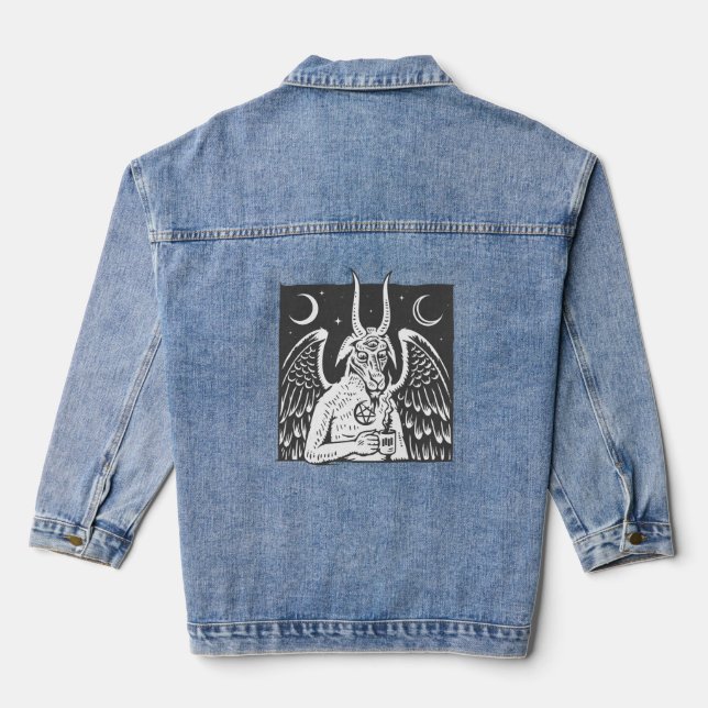 baphomet pentagram moon coffee demon white denim jacket (Back)