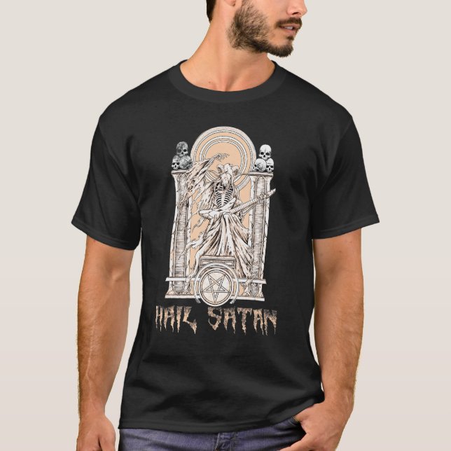 Baphomet play electric guitar Hail Satan Devil 666 T-Shirt (Front)