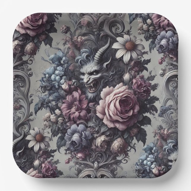 Baphomet’s Bouquet – Gothic Floral Paper Plate (Front)