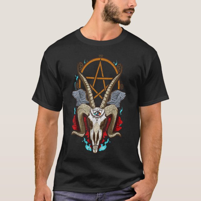 Baphomet Satanic Goat Ram Head Lucifer Eye Hallowe T-Shirt (Front)