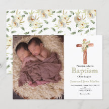Baptême à deux soeurs à fleurs blanches Invitation