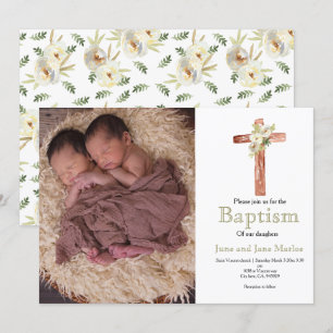 Baptême à deux soeurs à fleurs blanches Invitation