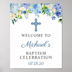 Baptême Affiche de bienvenue Blue Hydrangea Floral