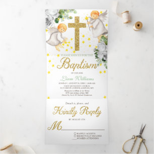 Baptême Angels Genre Neutre Triple Invitation