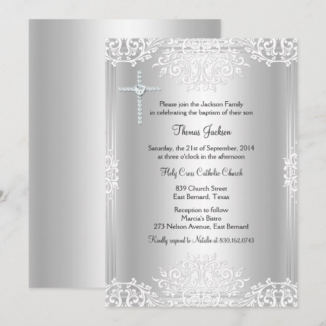 Baptême blanc argenté / Invitation de baptême (Devant / Derrière)