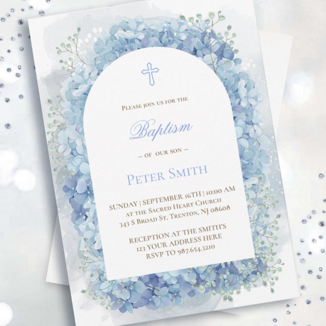 Baptême bleu aquarelle hydrangée invitation (Créateur téléchargé)
