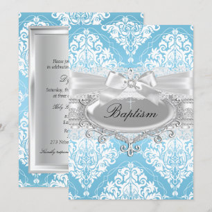 Baptême Bleu Damask Bow Invitation