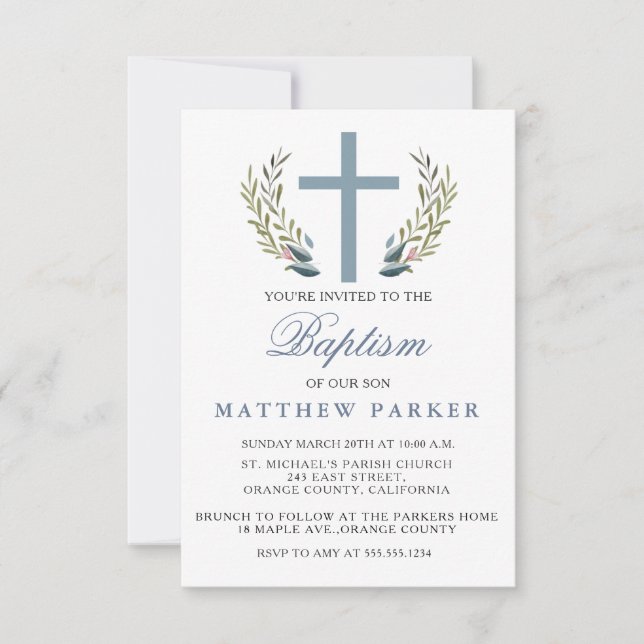 Baptême Bleu Élégant / Invitation Christening (Devant)