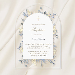 Baptême bleu feuillage acrylique invitation