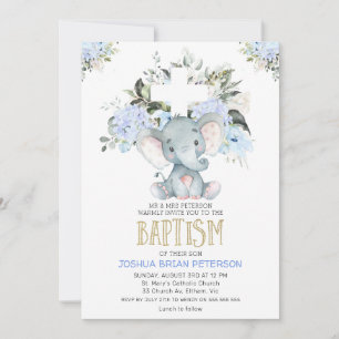 Baptême bleu floral bébé éléphant Invitation