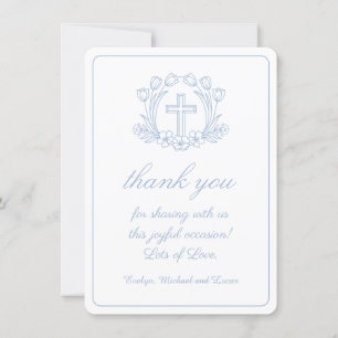 Baptême bleu floral simple Carte de remerciements