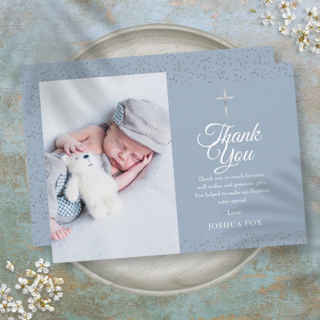 Baptême bleu poussiéreux Photo Merci d'argent (Dusty Blue Baptism Photo Silver Thank You)