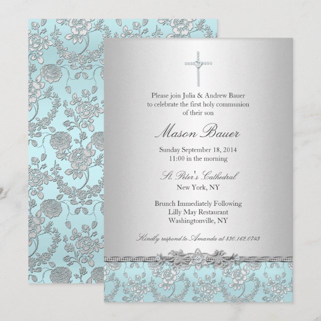 Baptême Bleu Rose & Cross / Invitation Christening (Devant / Derrière)