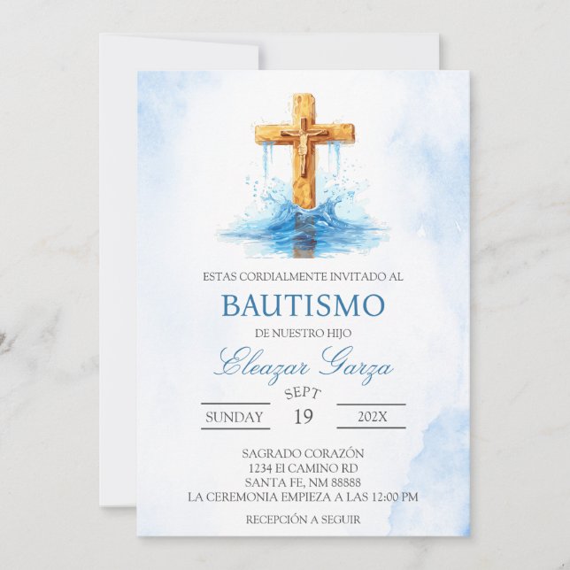 Baptême Blue Crucifix en espagnol Invitation (Devant)