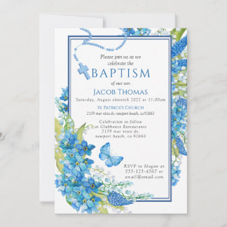 Baptême Boy Invitation Fleur bleue