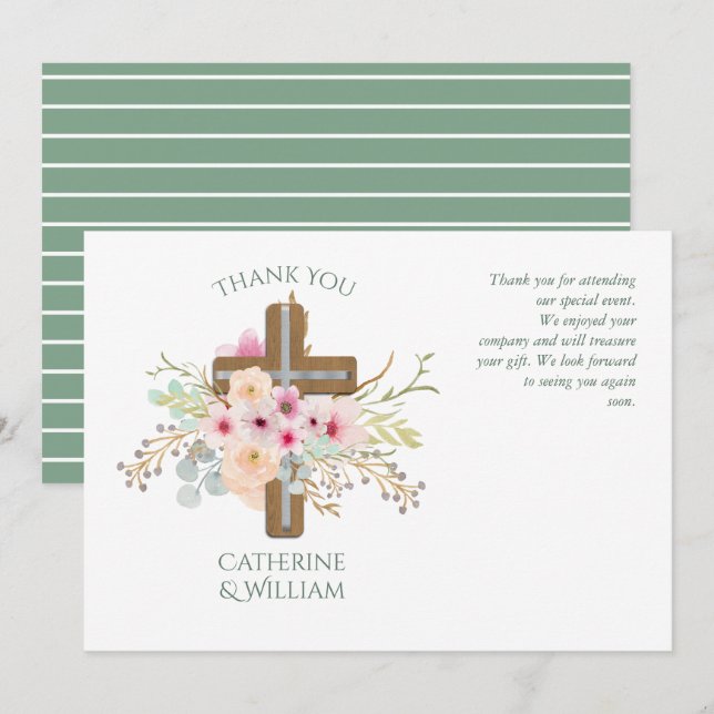 Baptême Carte de remerciements - Sauge rose Flora  (Devant / Derrière)