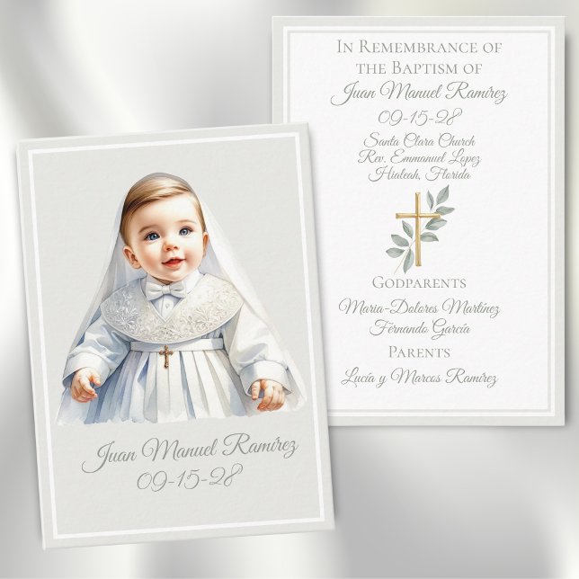 Baptême catholique bébé garçon vert carte de souve (Créateur téléchargé)