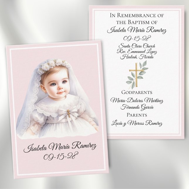 Baptême catholique petite fille rose carte de souv (Créateur téléchargé)
