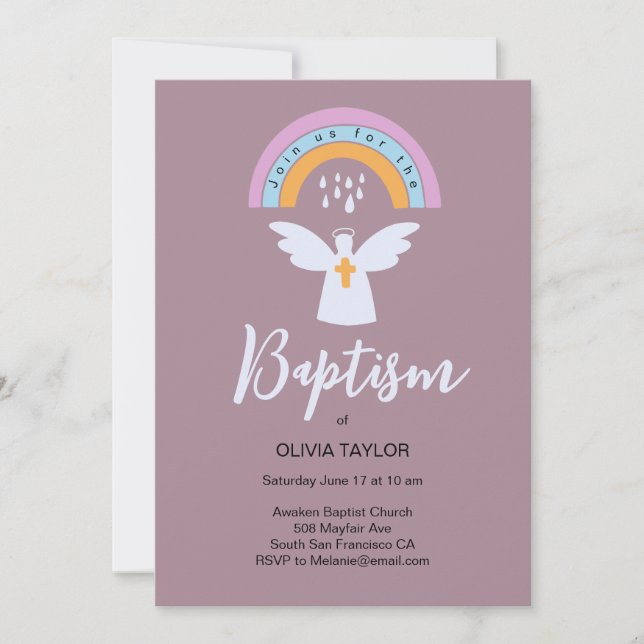 Baptême Christening ange et arc-en-ciel Invitation (Devant)