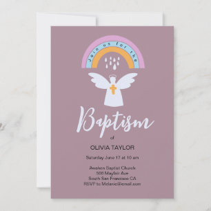 Baptême Christening ange et arc-en-ciel Invitation