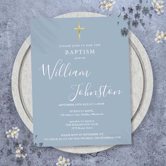 Baptême Christening Dusty Blue Invitation (Baptism Christening Dusty Blue Invitation Postcard)