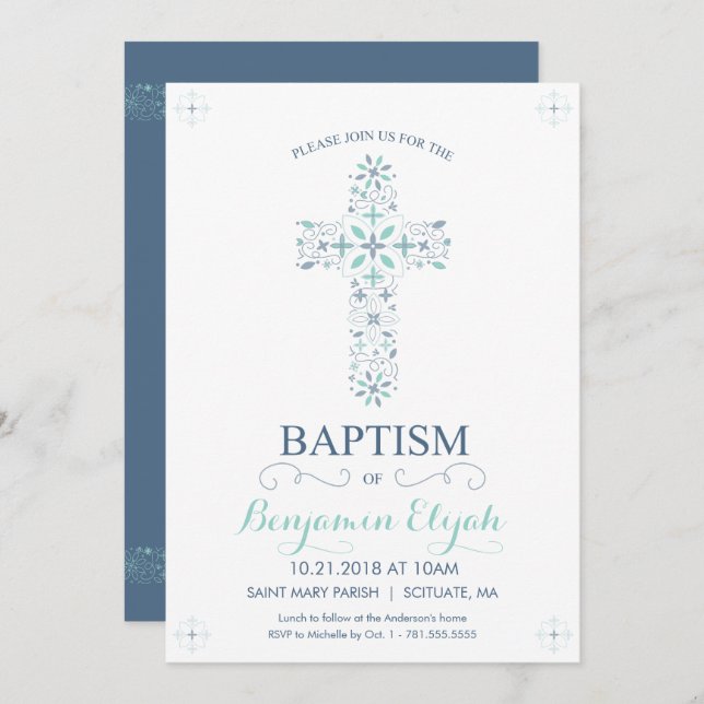 Baptême, Christening Invitation - Baby Boy Invitat (Devant / Derrière)