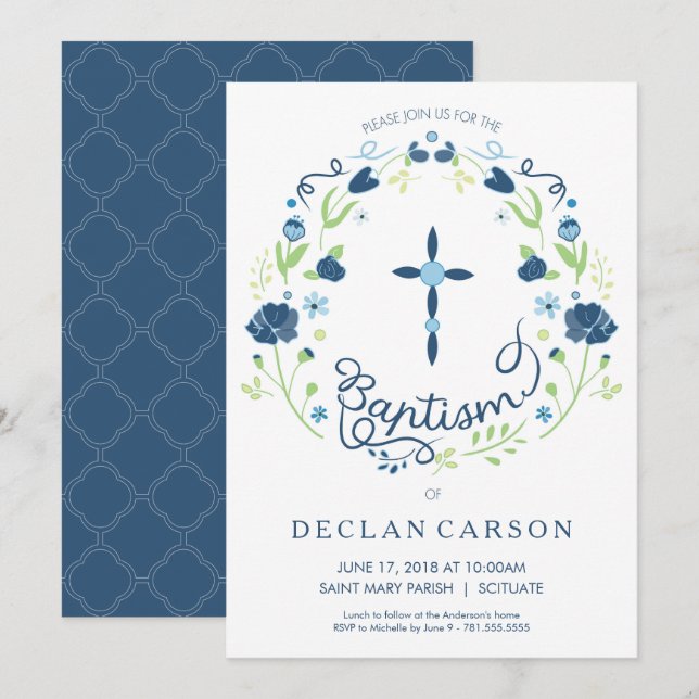 Baptême, Christening Invitation Boys Carte Invitat (Devant / Derrière)