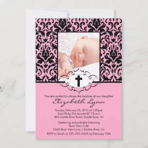 Baptême Christening Invitations Photo Damask Pink