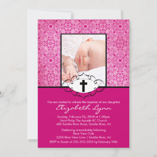 Baptême Christening Invitations Photo Pink Damask