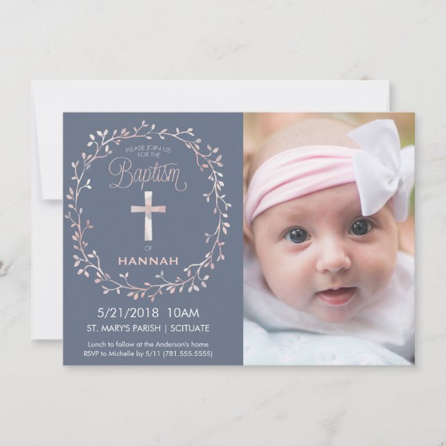 Baptême, Christening Photo Invitation - Baby Girl (Devant)