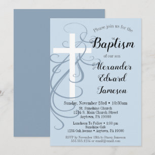 Baptême croisé bleu Invitation garçon