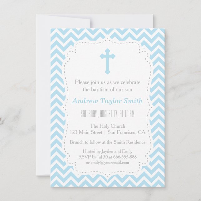Baptême croisé Chevron bleu Invitations (Devant)