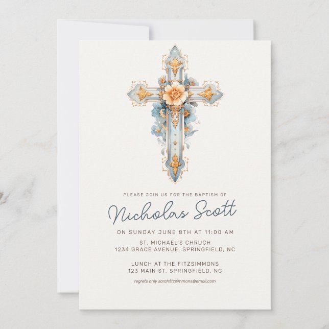 Baptême croisé floral bleu Dusty Invitation (Devant)