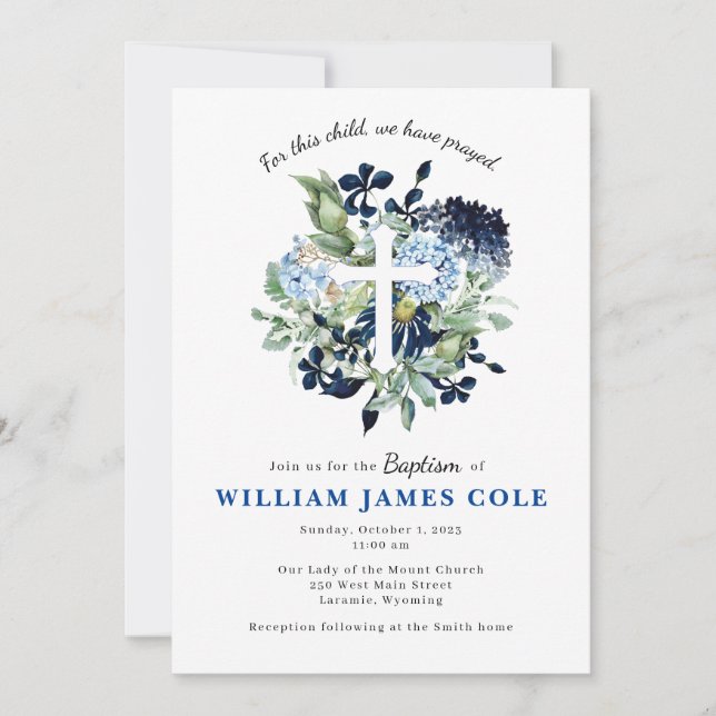 Baptême croisé floral bleu Invitation (Devant)