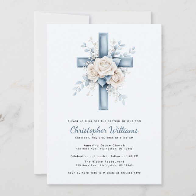 Baptême croisé floral bleu Invitation (Devant)