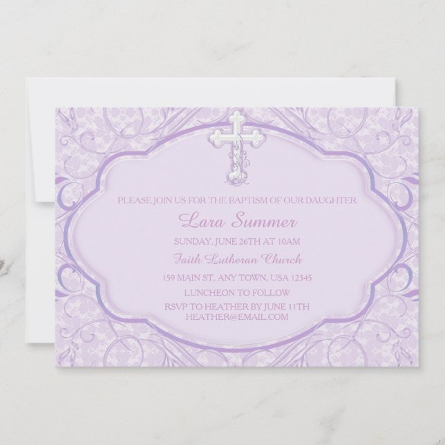 Baptême croisé pourpre Christening Invitation (Devant)