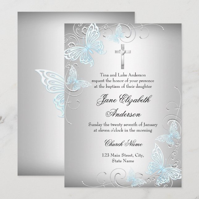 Baptême d'argent bleu papillon et Invitation de ba (Devant / Derrière)