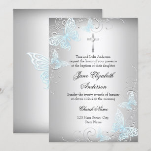 Baptême d'argent bleu papillon et Invitation de ba