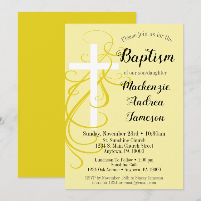 Baptême de croix-torse jaune Invitation Girl Boy (Devant / Derrière)
