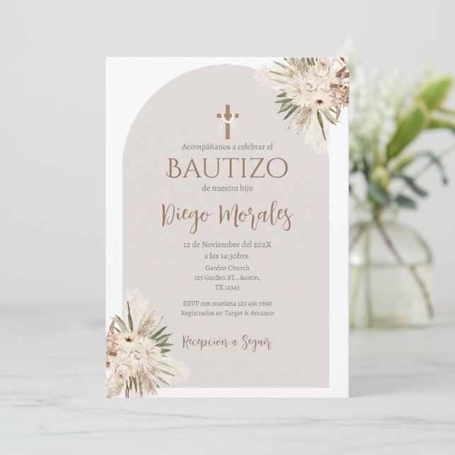 Baptême de garçon beige Invitation (Debout devant)