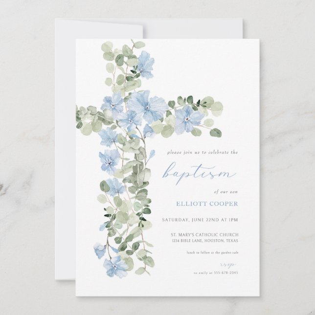 Baptême de garçon de Croix Flore Bleue Invitation (Devant)