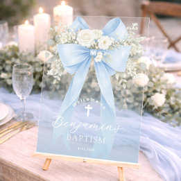 Baptême de garçon élégant ruban bleu eucalyptus